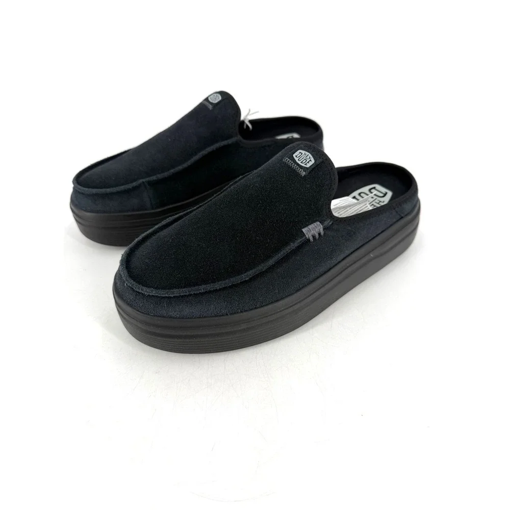 NWT Hey Dude Austin Lift Classic Shoes Womens Size 10 Black Suede Platform Mules - Picture 1 of 8